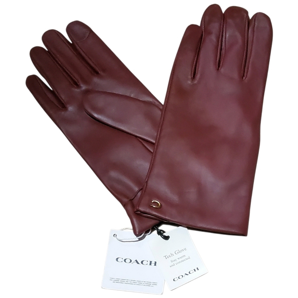 NEW COACH LEATHER TECH GLOVES SCULPTED SIGNATURE BURGUNDY WINE SIZE 8
